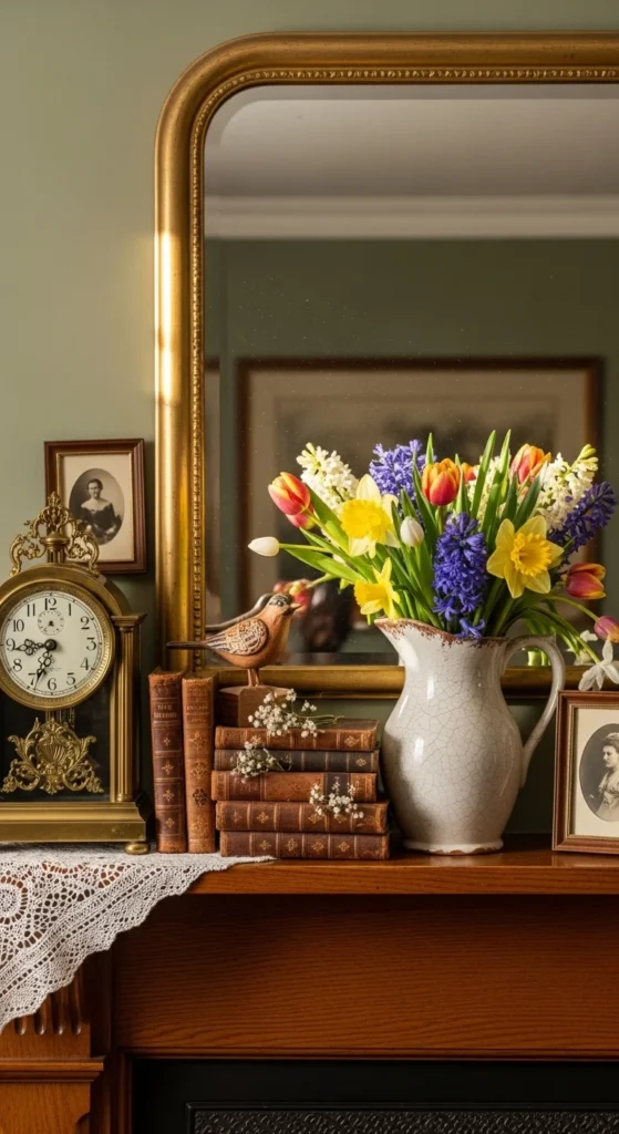 Vintage Spring Accents on the Mantel