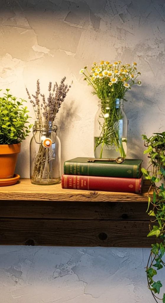 how to decorate rustic kitchen shelves